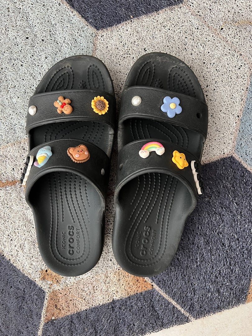 womens black croc slides