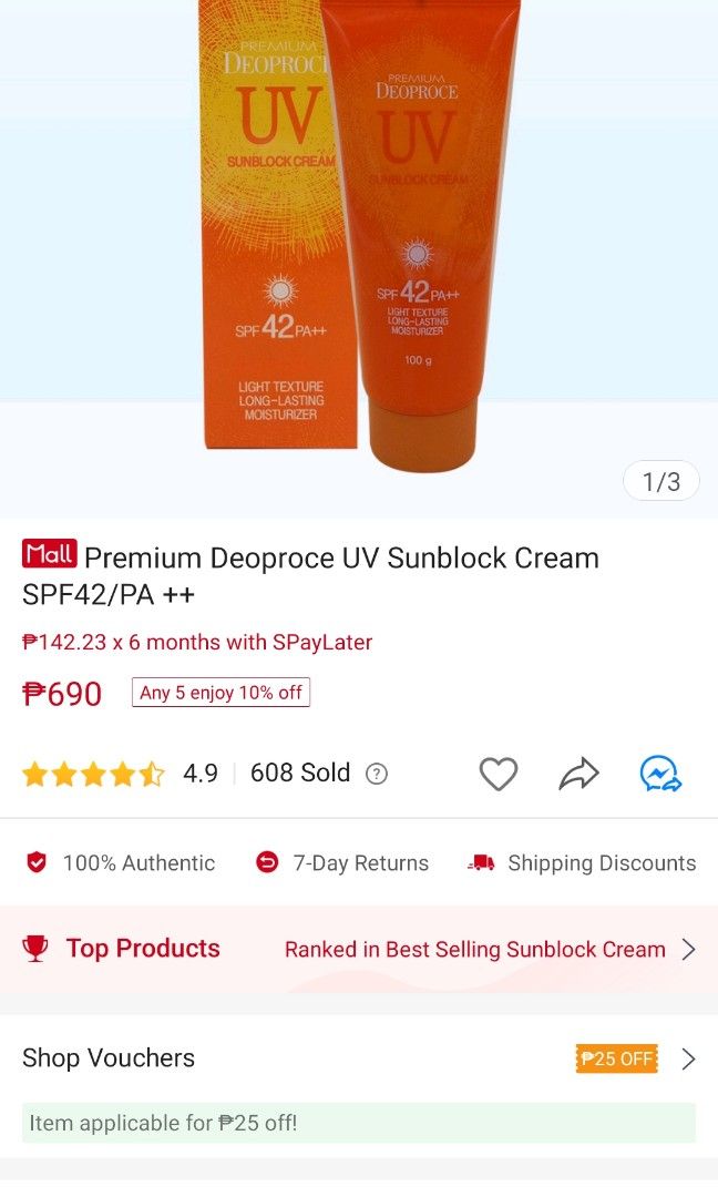 Deoproce sunblock cream SPF42, Beauty & Personal Care, Face, Face Care ...