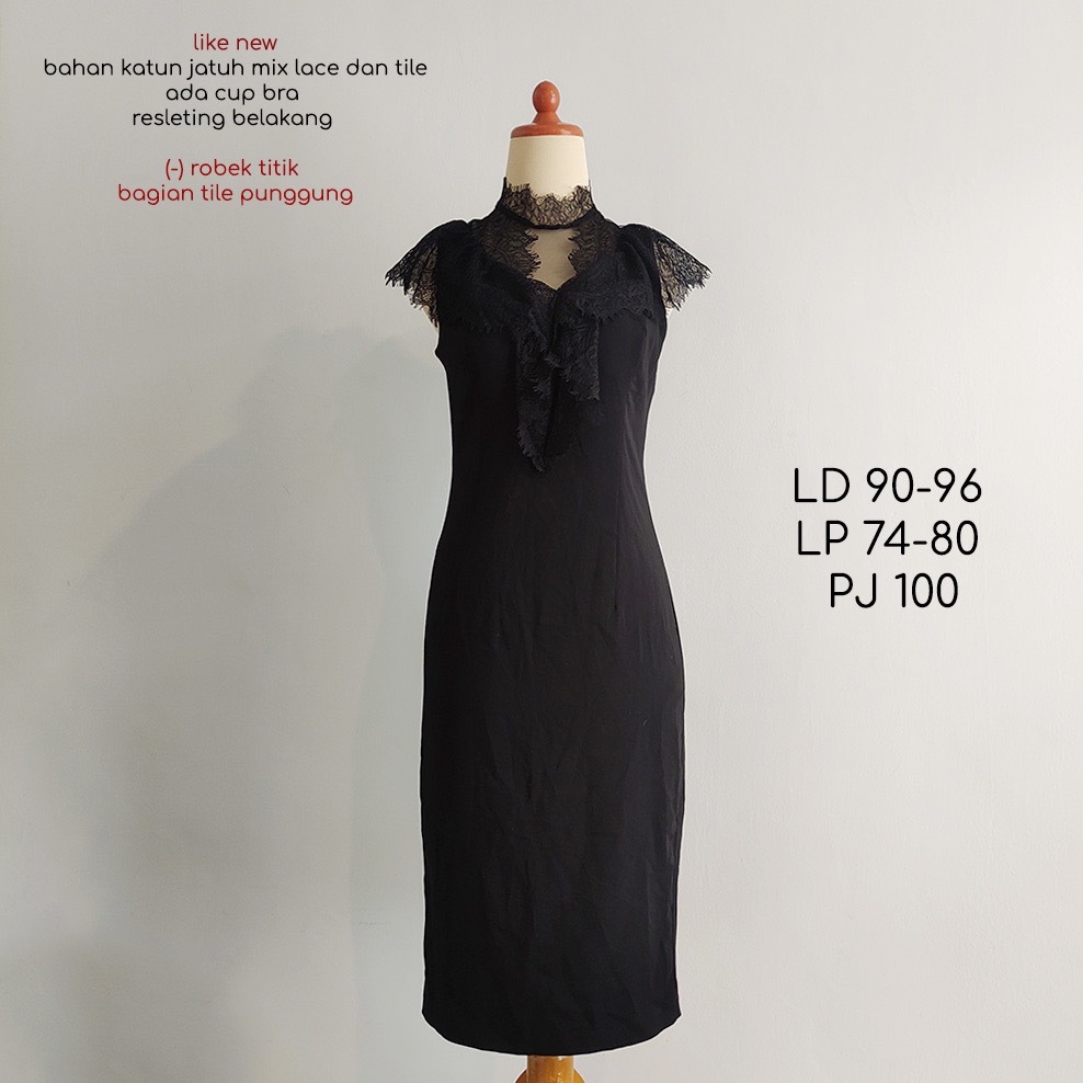 DRESS TIARA KOREA midi long black lace chantilly ruffle turtleneck