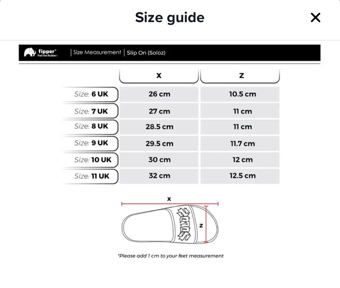 Size chart fipper outlet