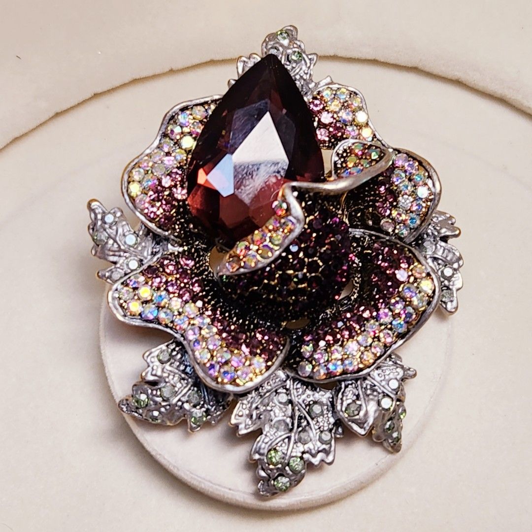 GREAT VINEYARD Rare 3D Vintage Silver Violet Purple Rose Jumbo 40 Grams L5.5 H7.1 Antique Textured Gold Backing Baroque Flower Brooch Necklace Pendant