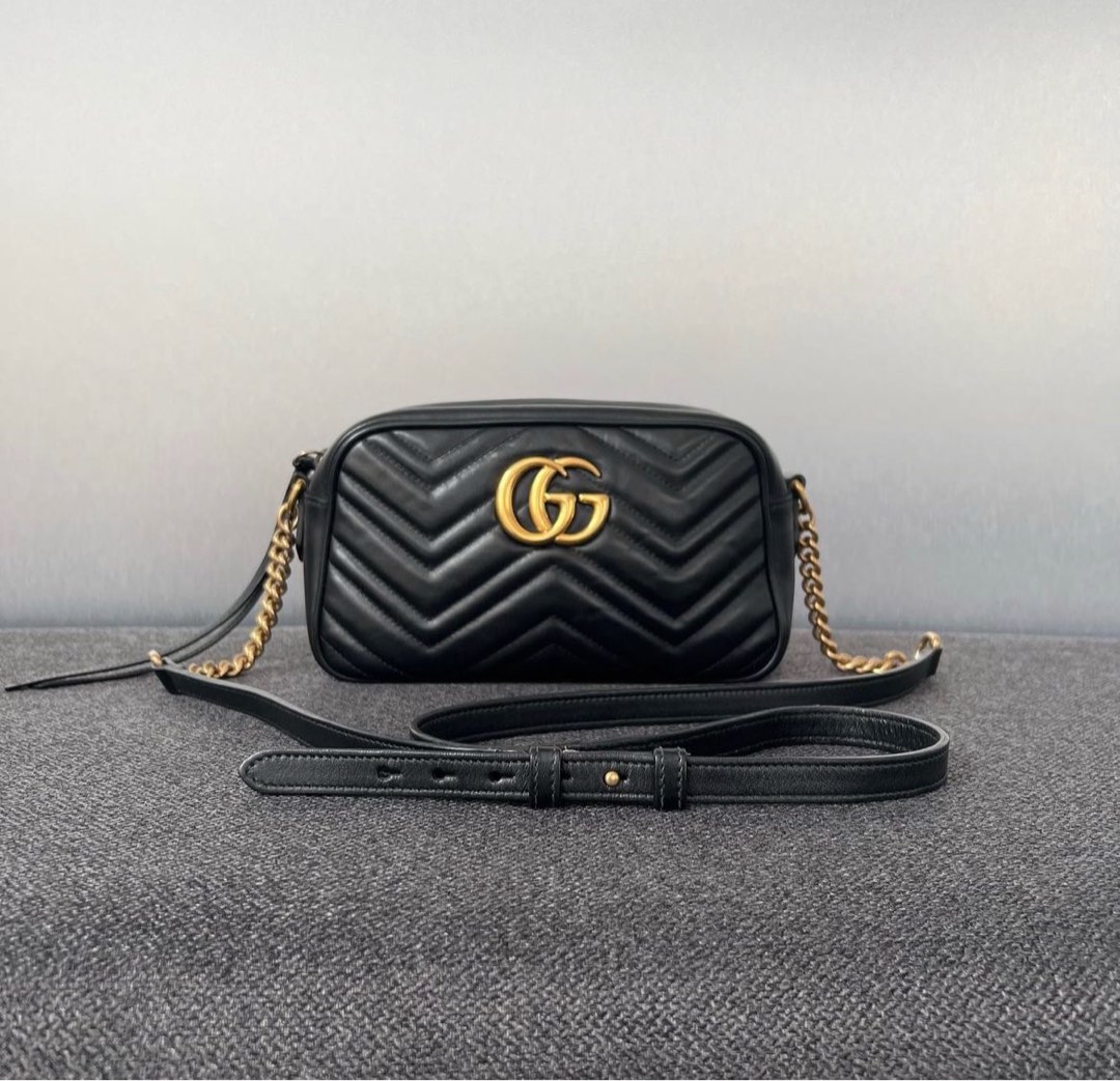 Gucci Marmont Camera Bag Small Calfskin Black Ghw, Luxury, Bags