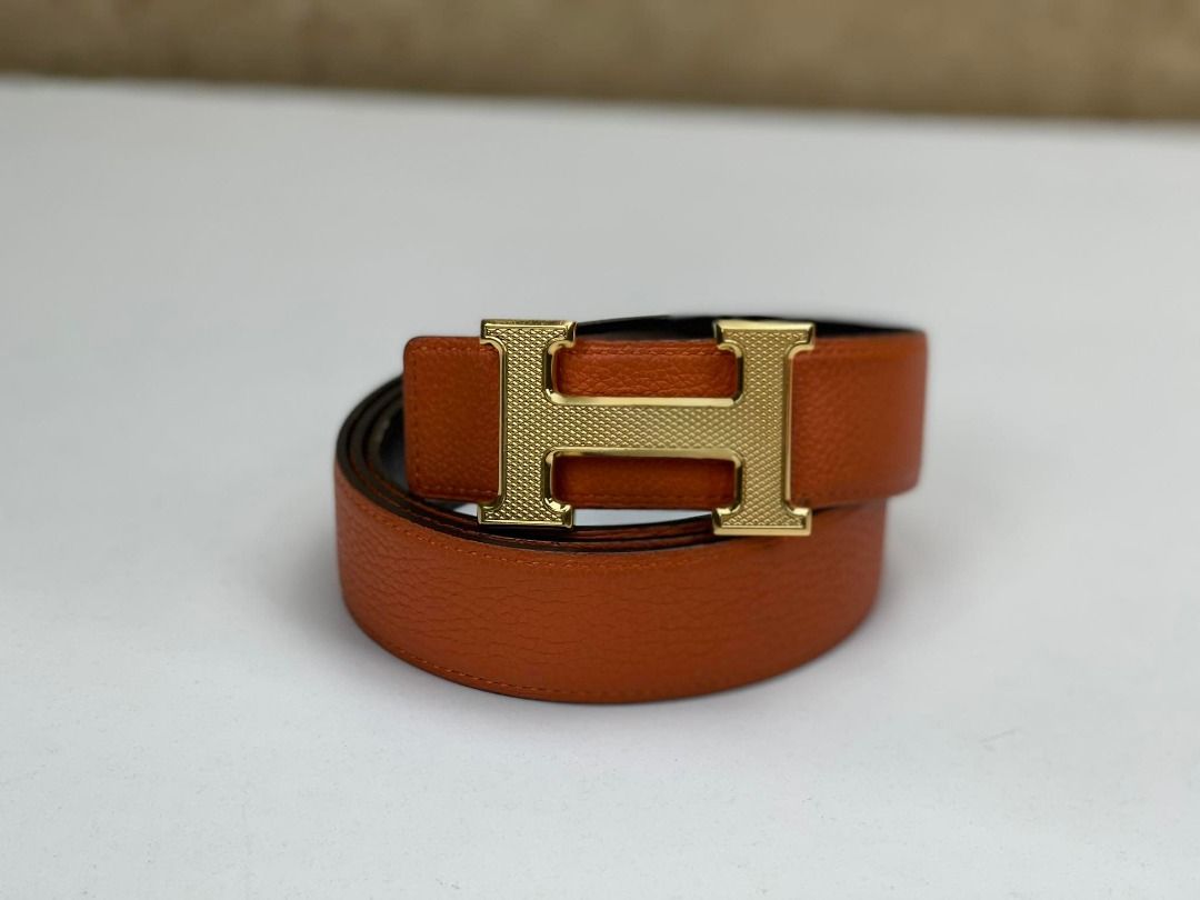 Hermes Black and Orange Leather H Buckle Reversible Belt 65CM