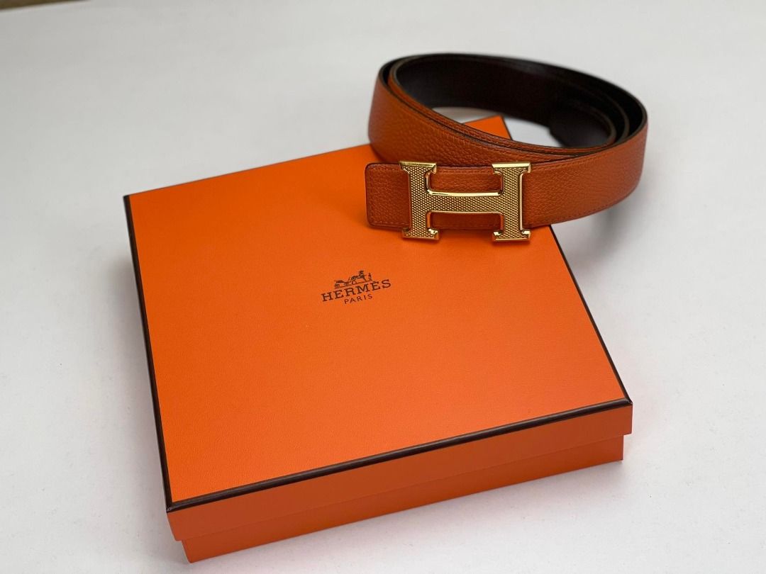 Hermes Black and Orange Leather H Buckle Reversible Belt 65CM