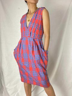 SALE: HQ Rose blue plaid Jumper pleated cotton dress