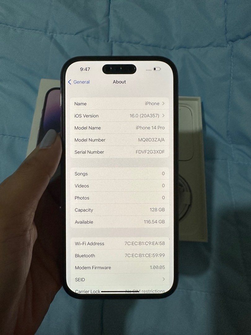 iphone 14 pro 128gb dual sim 2ndhand (Category: iPhone 14 Series) located in Cainta. Submitted by vine_gadget_shop (Listing ID 1226072956, Image 3). Description: iphone 14 pro 128gb dual sim 2ndhand complte package under warranty until septmber 2023 pick up store greenhills shopping center we accept trade in we accept credit cars installment we do cod and door to door we ship nationwide for fast transaction call 09277368323 look for vine.