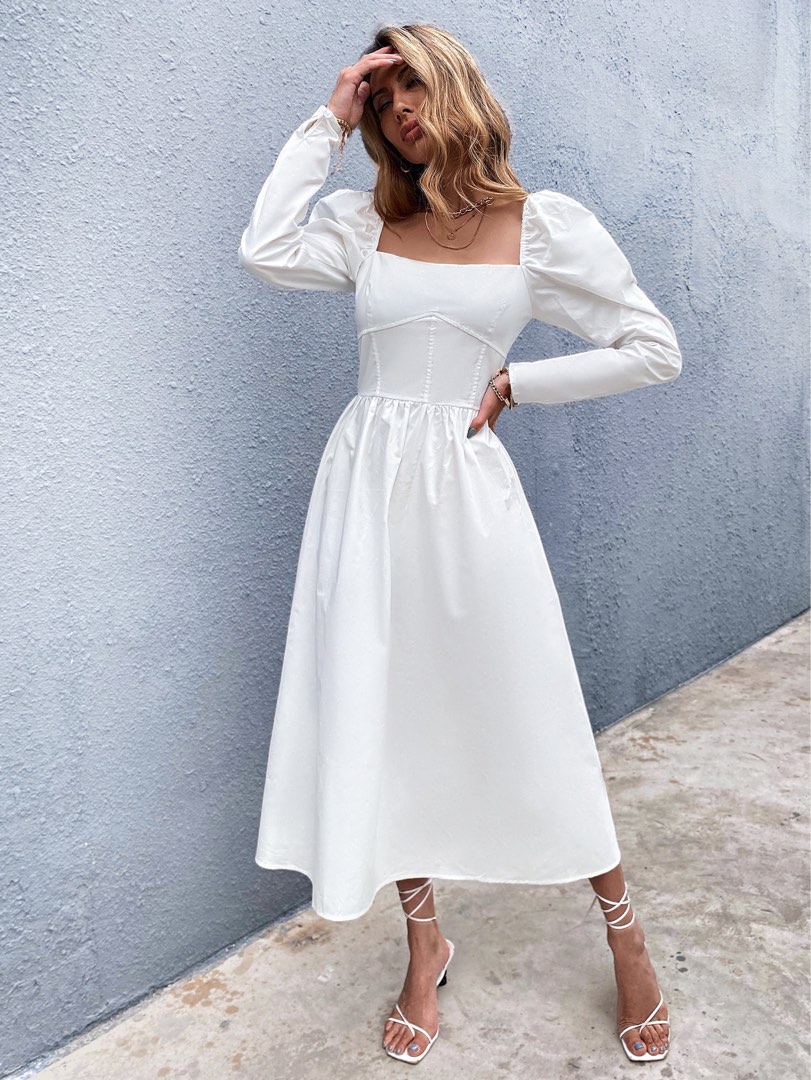 Long Puff Sleeve Dress in White