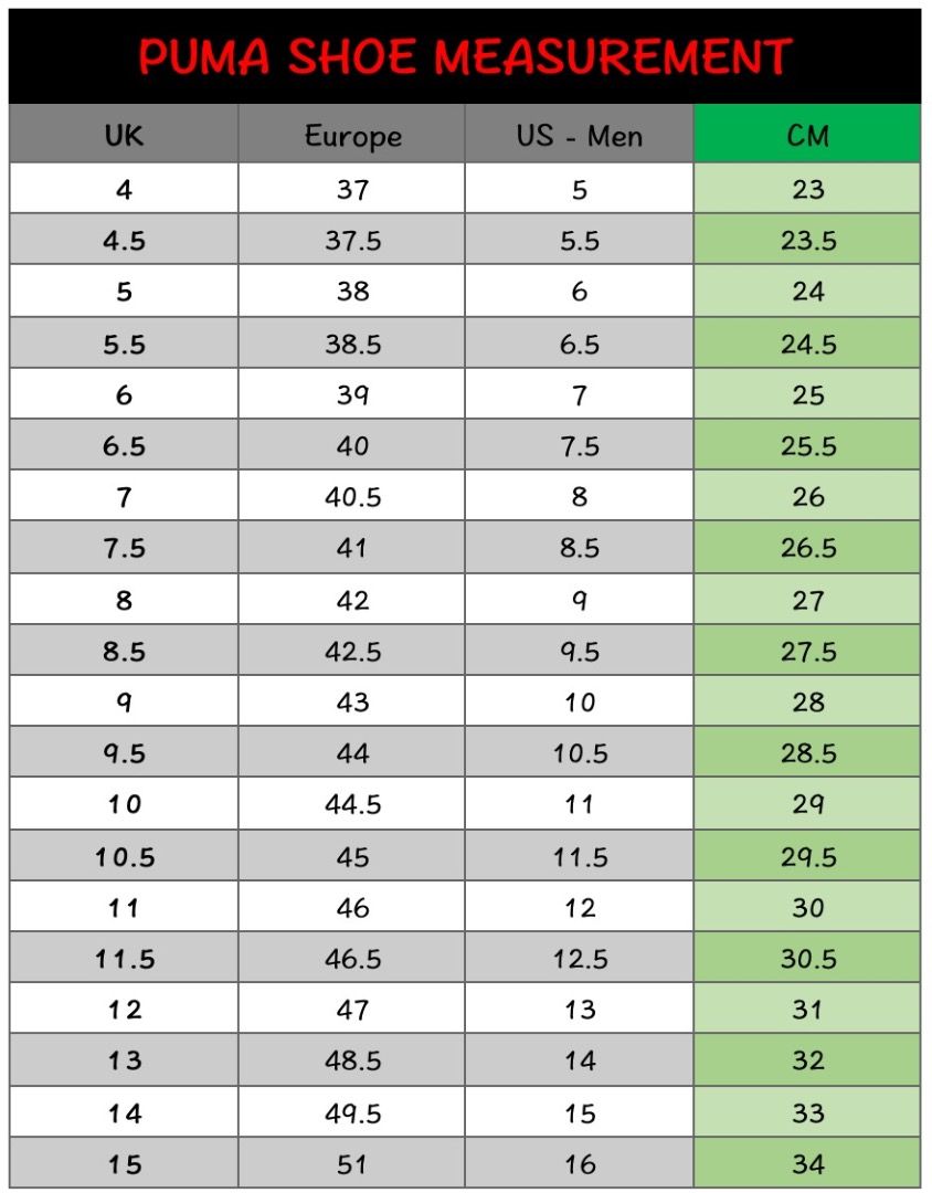 Puma unisex hot sale size chart