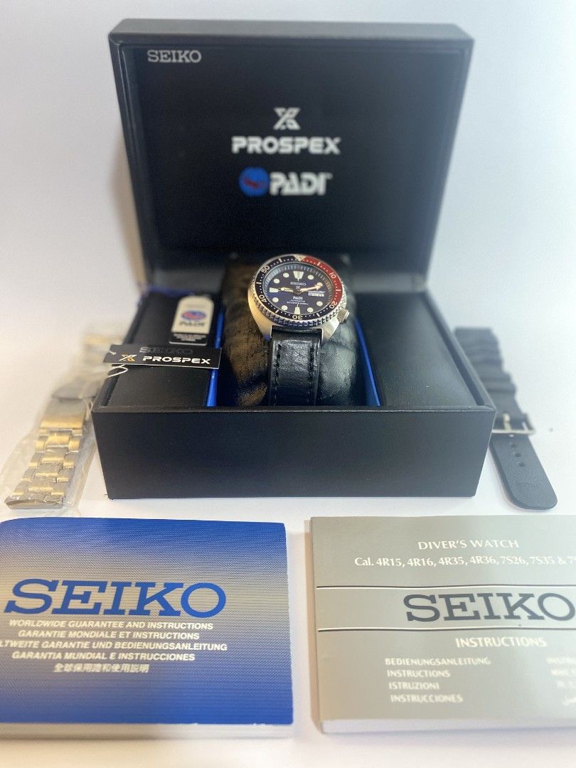 SEIKO PROSPEX TURTLE PADI SRPE99K1 (Category: Luxury Watches) located in Marikina City. Submitted by alexm777 (Listing ID 1225965953, Image 1). Description: Seiko Prospex Turtle PADI Original Box Yes Padi Box included. Manual Yes Size Case Size: 45mm (48mm inc Crown). Depth:13mm. Lug Width 22mm. Case Stainless Steel Band Stainless Steel Resist Water 200m Movement Automatic Calendar Day/Date Crystal Scratch Resistant Hardlex Crystal Luminous Lumin