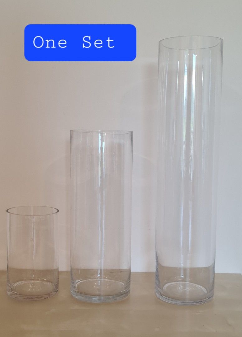 Set of Cylinder Vases Glass x 3 Units (Small, Medium & Large