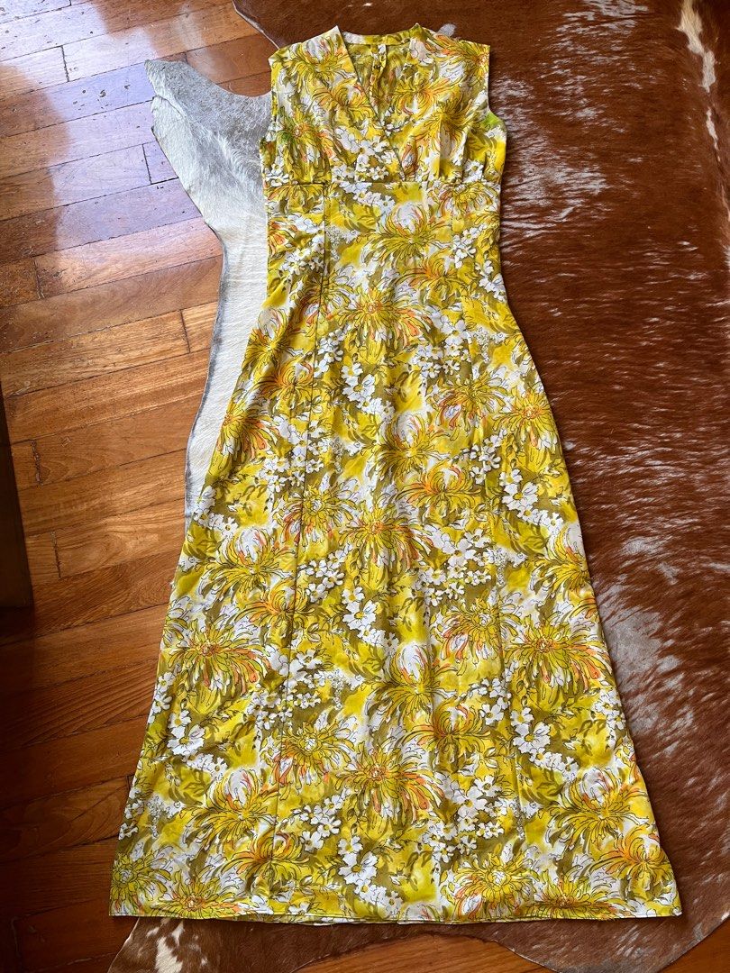 Vintage 70s flower power psychedelic yellow maxi dress sz 6 8