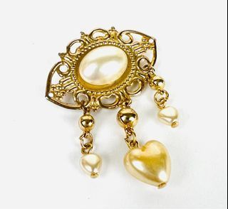 Vintage gold tone  Victorian inspired filigree faux pearl brooch with heart dangles