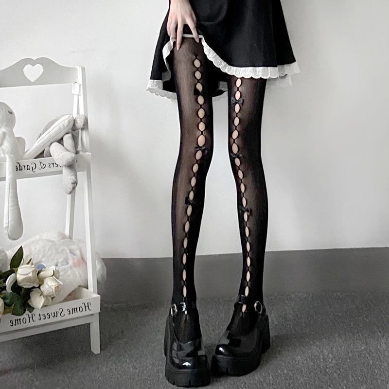y2k stockings with ribbons / holes black on Carousell