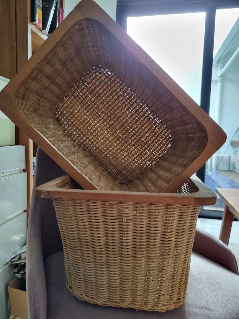 2 rattan ikea storage bins with wooden rim, Furniture & Home Living