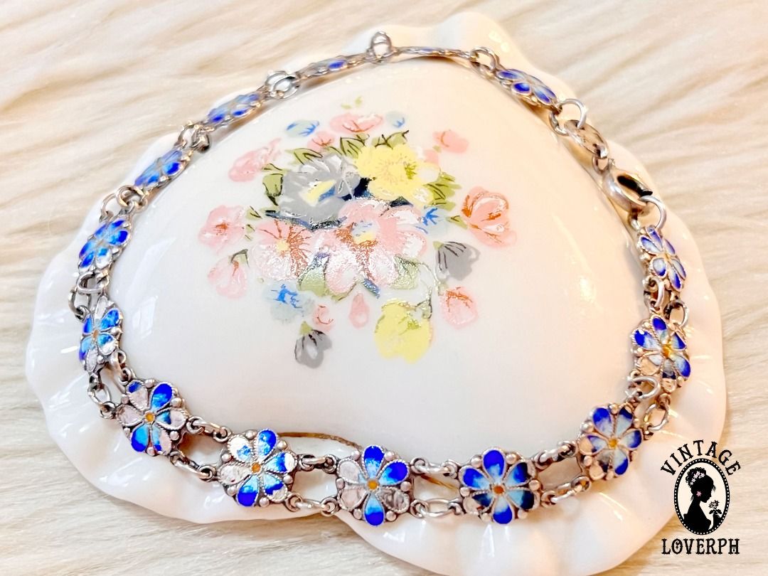 Antique sterling silver flower link bracelet blue