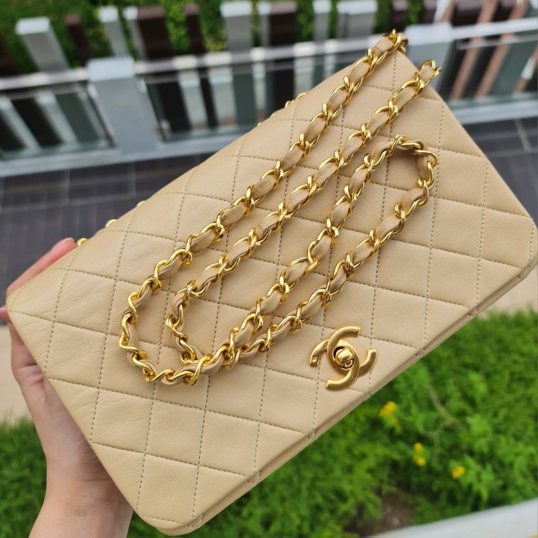 🍞 VINTAGE CHANEL BEIGE 23CM CLASSIC QUILTED FULL FLAP BAG CF 23
