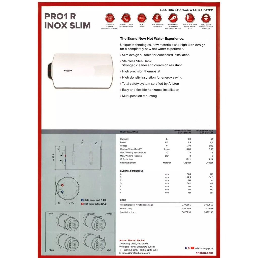 Ariston Pro1 R Inox Slim 40 Liters Stainless Steel Storage Heater, TV ...