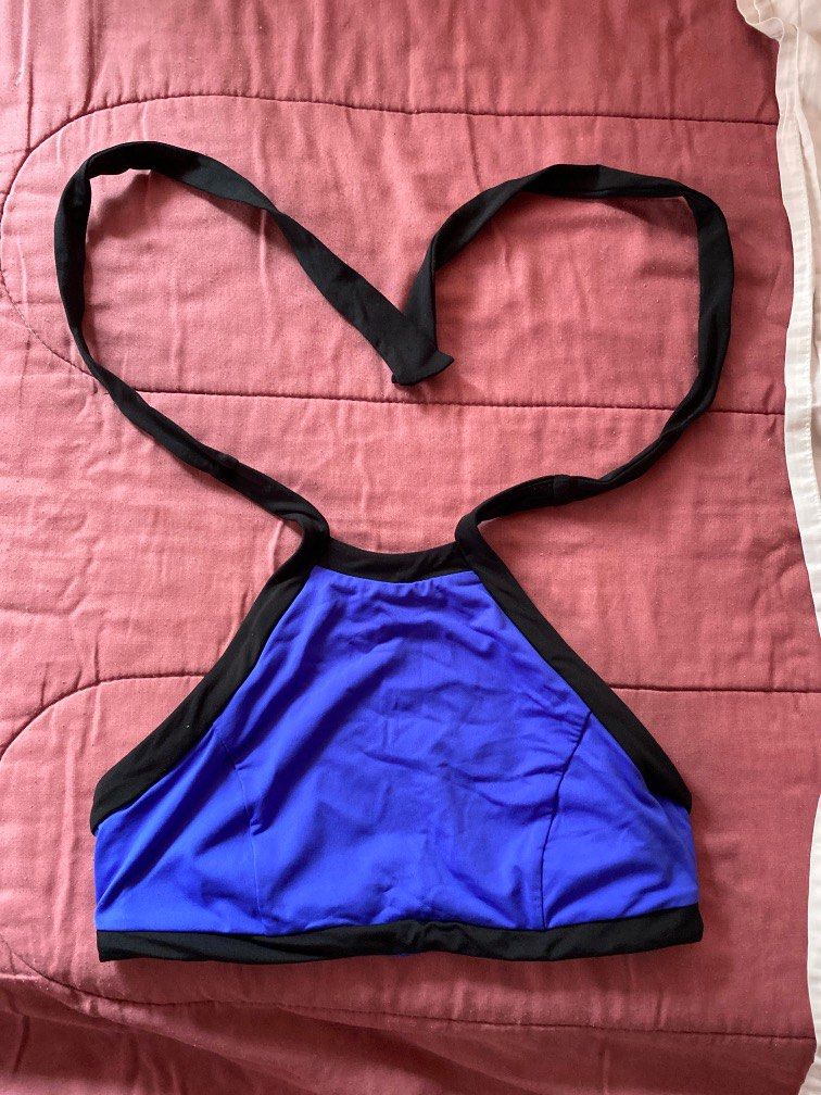 Blue and black tie around top (Category: Bikinis & Swimsuits) located in Quezon City. Submitted by leisdeclutter (Listing ID 1226145183, Image 1). Description: - bought from shopee live seller - used but not abused, this was my favorite top even if im not using it for swimming hehe - outgrown already - SIZES are on the picture .