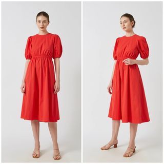 (BNWT) OSN Puff-Sleeve Cotton Midi Dress Red Our Second Nature