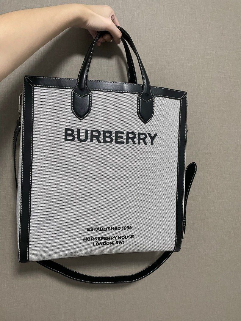 Burberry Kane Tote Horseferry Print Canvas with Leather Tall Black