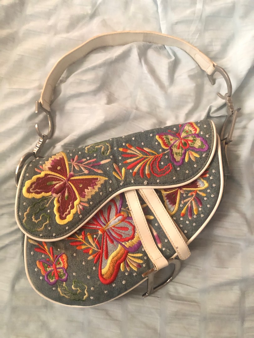 DIOR Embroidered Saddle Bag Leather  Linen Floral Butterflies Limited  Edition  Chelsea Vintage Couture