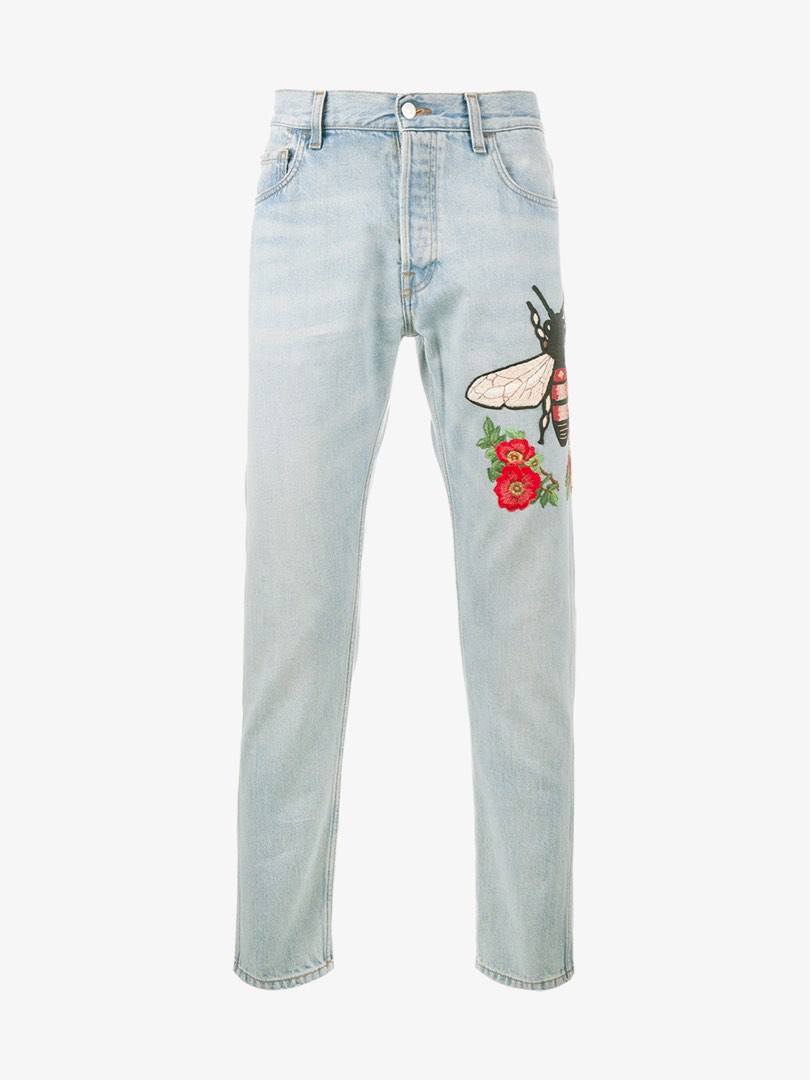 Mens floral embroidered jeans best sale