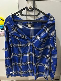H&M Blue Checkered Off Shoulder Shirt
