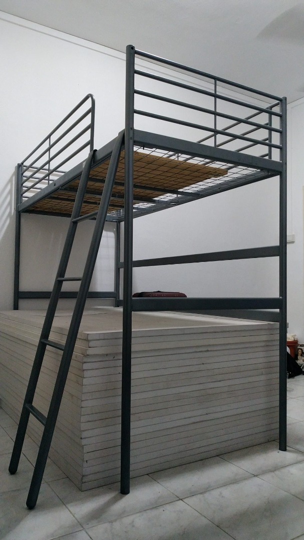 Ikea Loft Bed, metal frame, with a free foam mattress, Furniture & Home