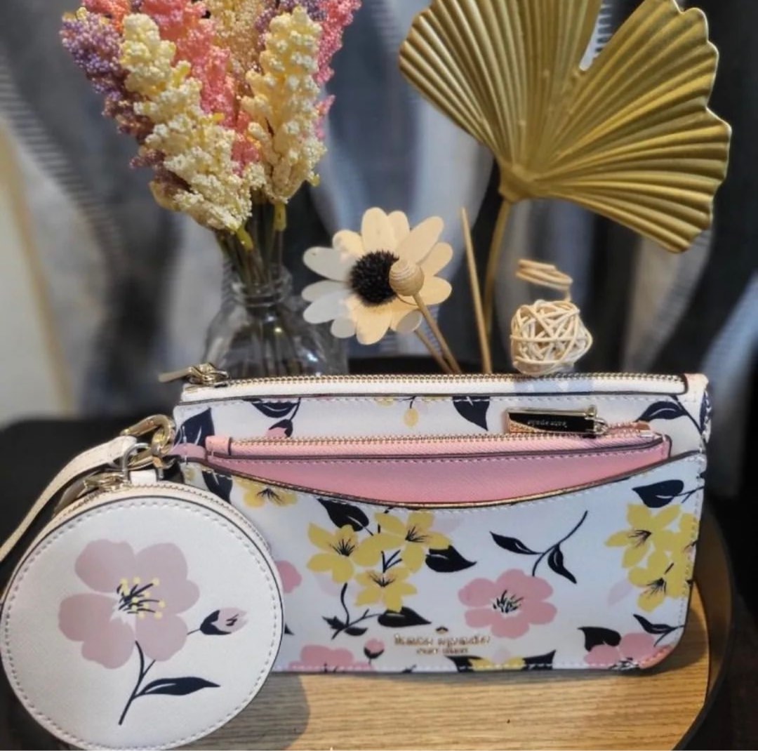 Kate Spade Staci Lily Bloom Floral Print Triple Pouch Wristlet Set on