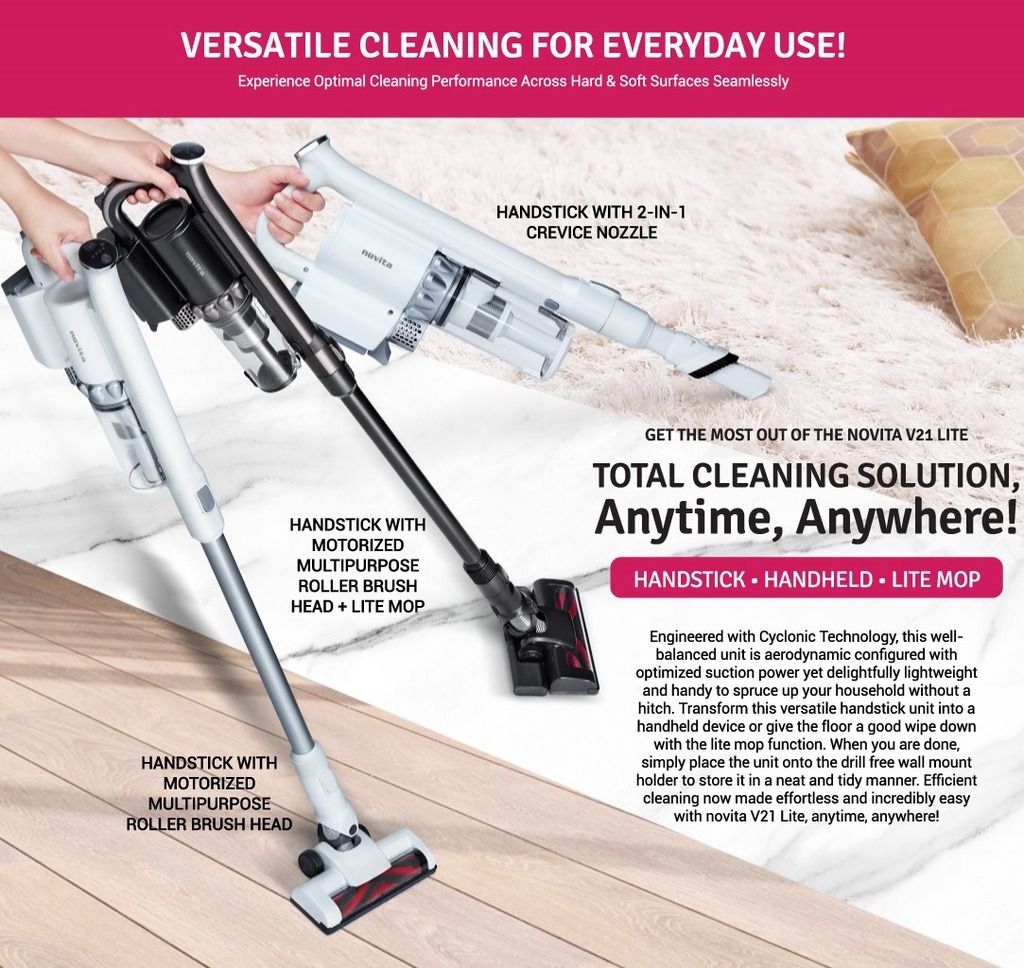 Novita Cordless Vacuum Cleaner V21 Lite in Cosmic White, TV & Home