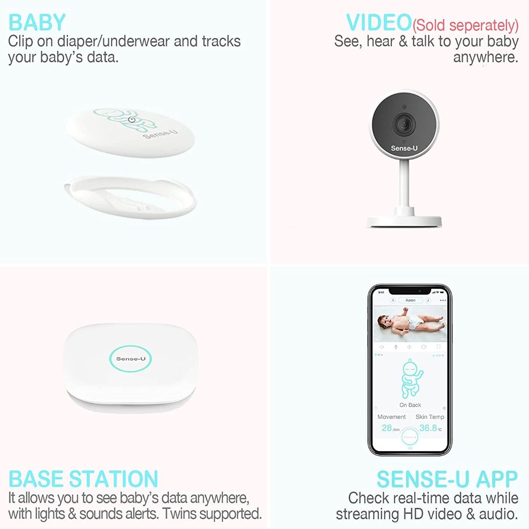 SenseU Smart Baby Monitor with Movement Temperature Stomach Sleeping Alert Sensors Tracks Your