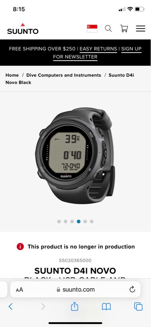 SUUNTO D4I NOVO BLACK USB CABLE AND EXTENSION STRAP INCLUDED watch size dive comp