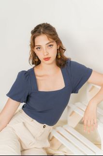 The Stage Walk TSW Mindy Ribbed Puffed Sleeves Top in Dusty Navy