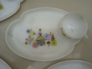 Vintage Federal Milk Glass Snack Plate Cup Set Rare Chalet 1950s 4 Plate 2 Cups