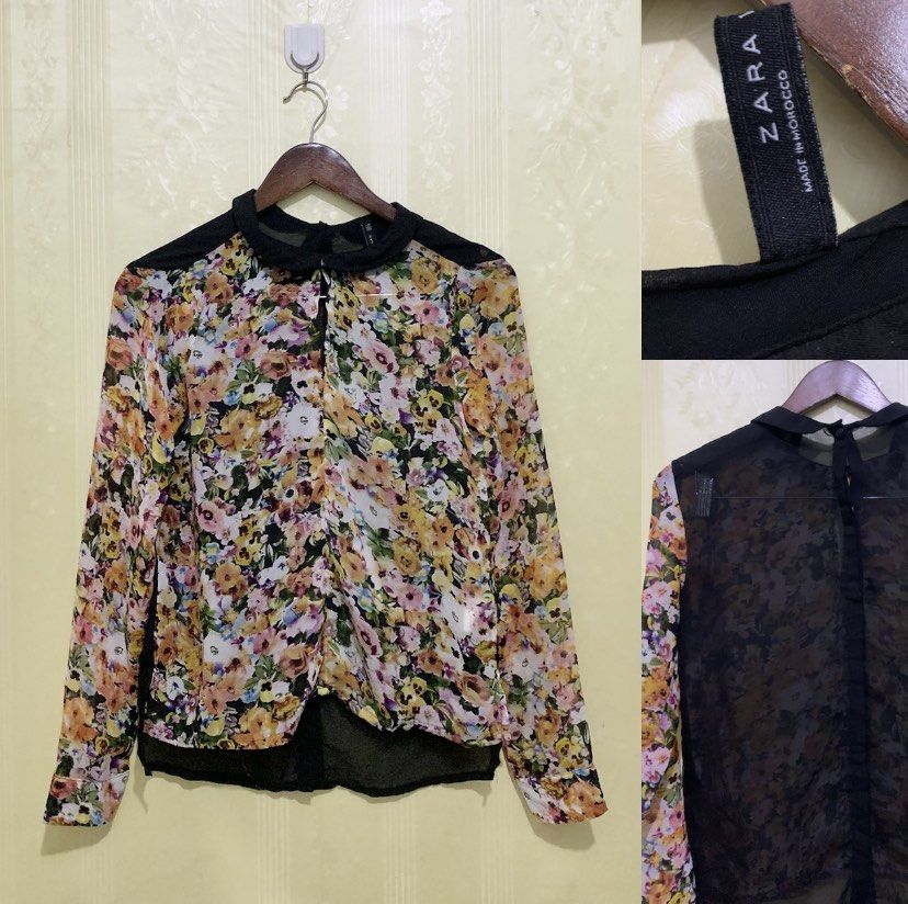 Zara floral sheer top, Women's Fashion, Tops, Blouses on Carousell