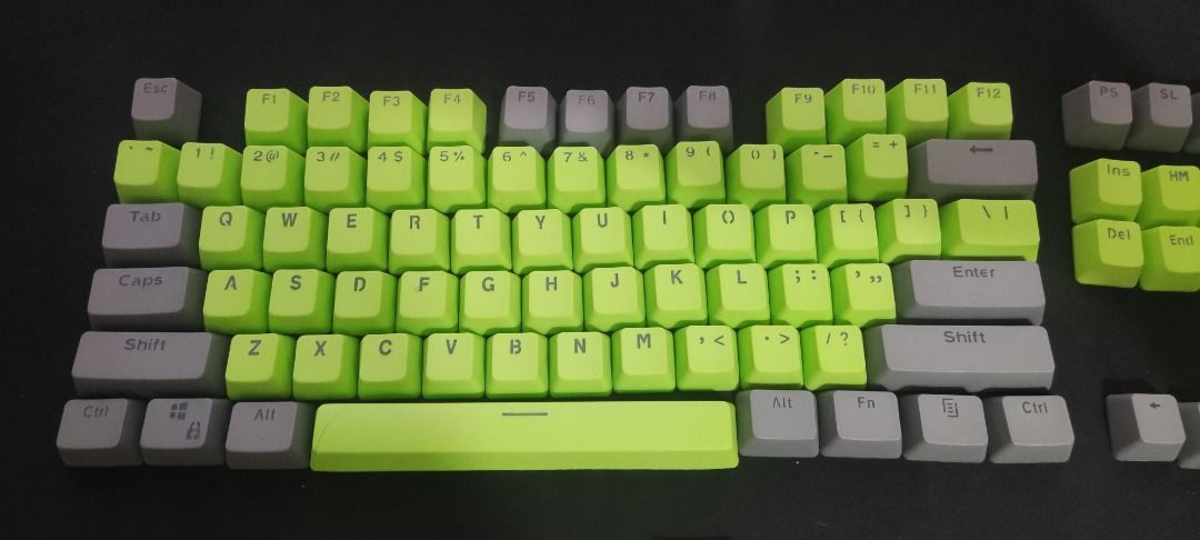 104 Keys Keycaps for Mechanical Keyboard ABS Two Color Backlit Keycap (pulled from RK87) (Category: Computer Keyboard) located in Taytay. Submitted by skywinter14 (Listing ID 1226319595, Image 2). Description: Color: Apple Green & Gray Shipping thru LBC/Lalamove/Toktok/Shopee Checkout. SF shouldered by buyer..