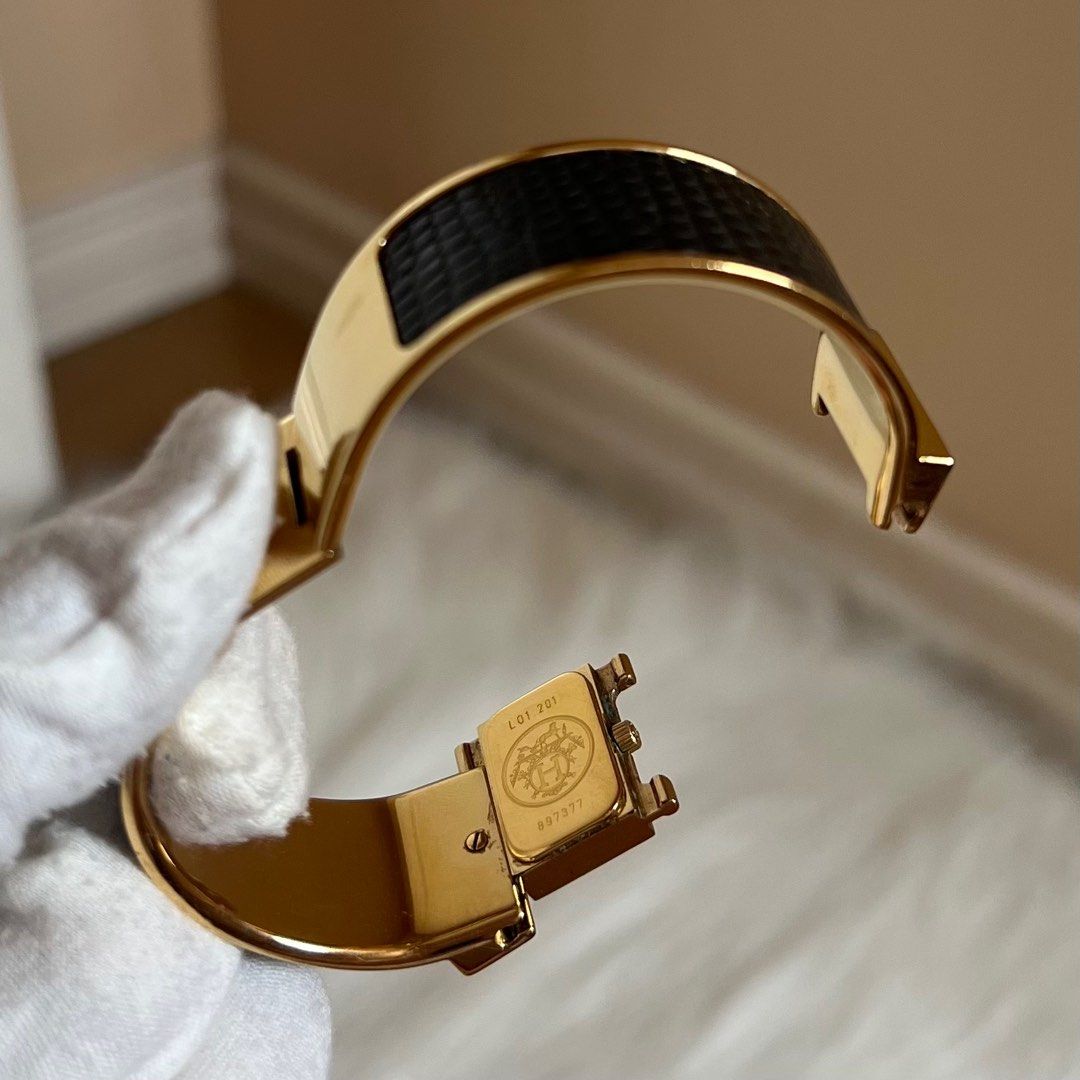 Auth HERMES Loquet Goldtone x Brown Lizard Skin Bangle Bracelet Wrist  Watch+Case
