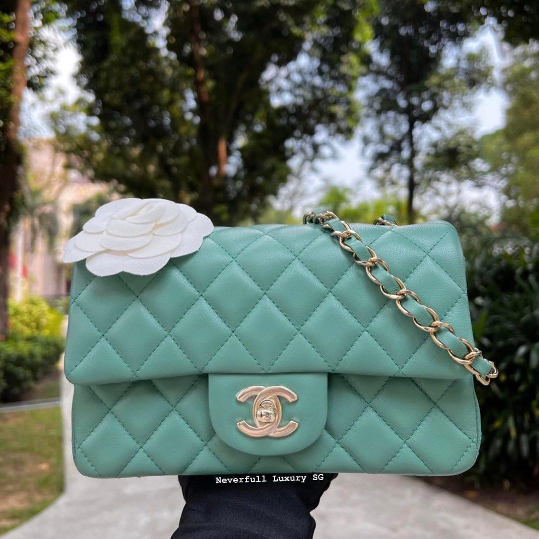 Chanel Seafoam Green Lambskin Quilted Rectangular Mini Flap Bag