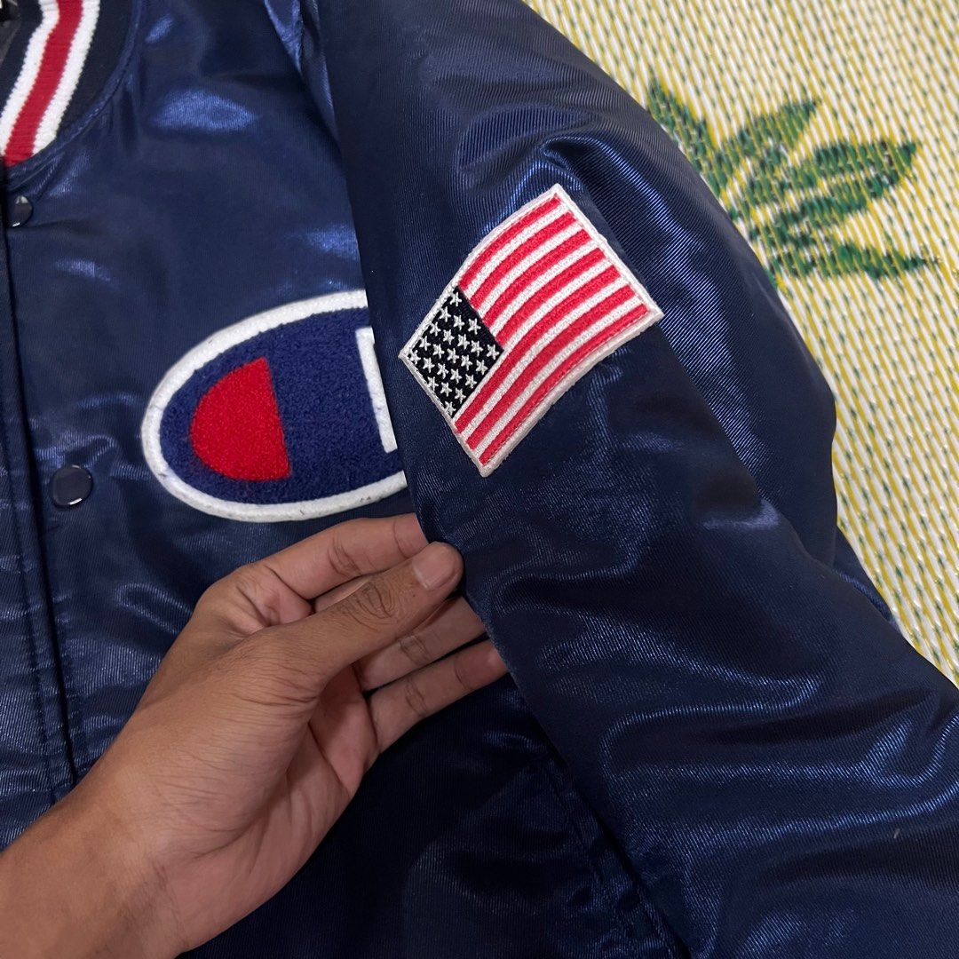Champion satin discount navy baseball jacket