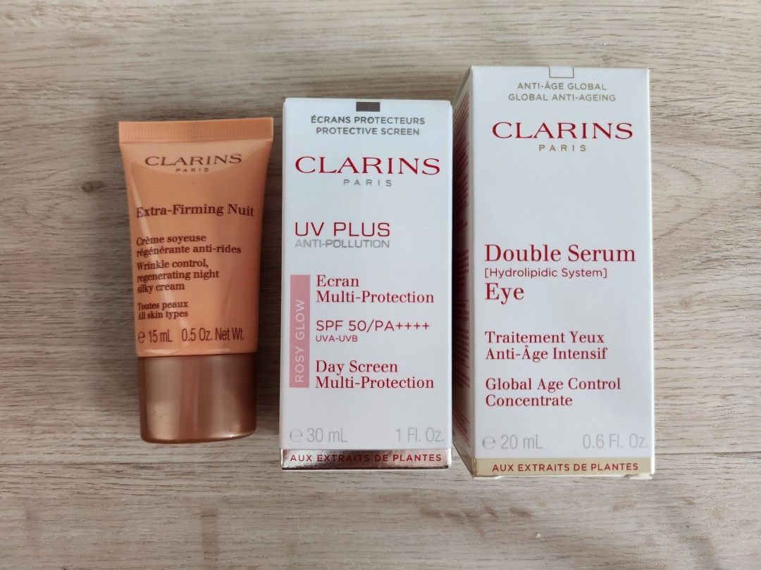 Clarins UV Plus (Category: Face Care) located in Singapore. Submitted by xdefianx (Listing ID 1226413801, Image 1). Description: 1) Double Serum Eye - Sold 2) UV Plus SPF50 Rosy Glow - $70 Exp: Apr 2027 3) Extra Firming Night Cream 15ml - $30 Exp: Apr 2027 Buy both UV Plus & Night Cream at $85!.