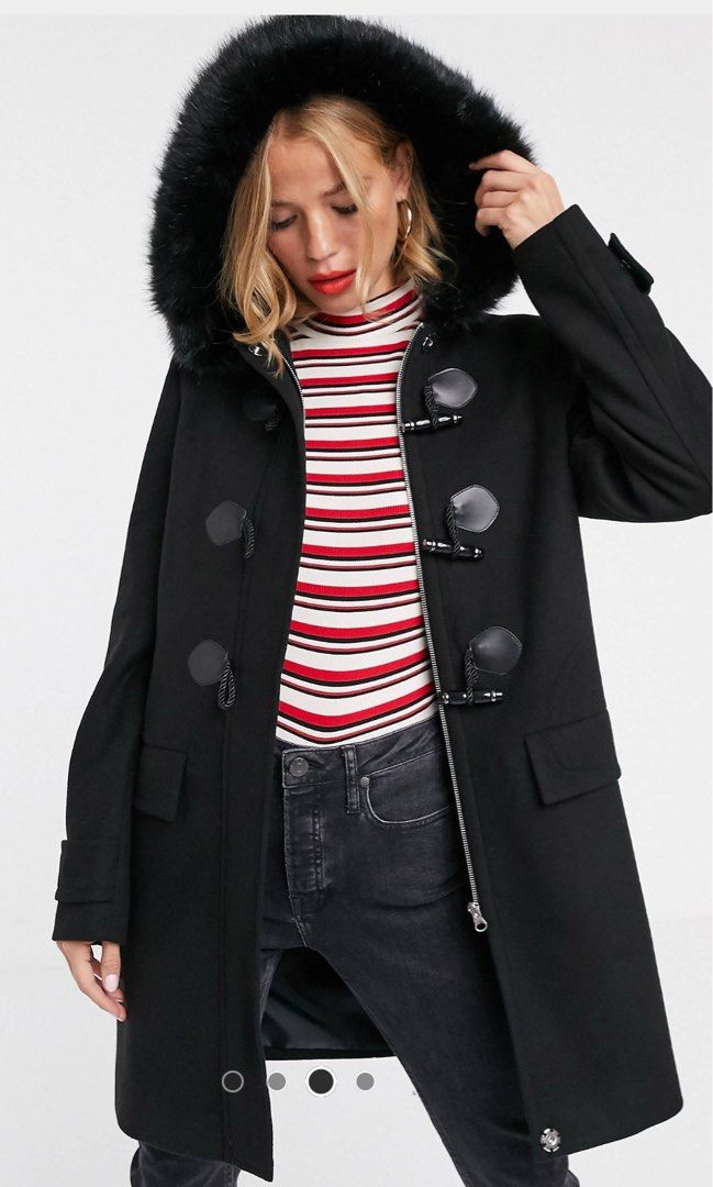 Duffle coat with faux fur trim in black Women s Fashion Coats