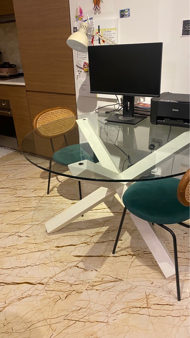Glass Dining Table with Rattan Chairs (4), Furniture & Home Living