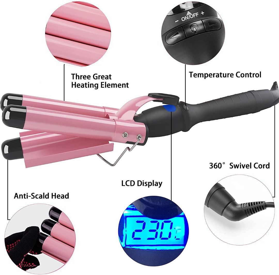 Hair Curling Iron 1 Inch 3 Barrel Hair Waver Ceramic Curling Wand Wavy Hair Curler Crimper LCD Temp Display Dual Voltage Hair Tools Heats Up