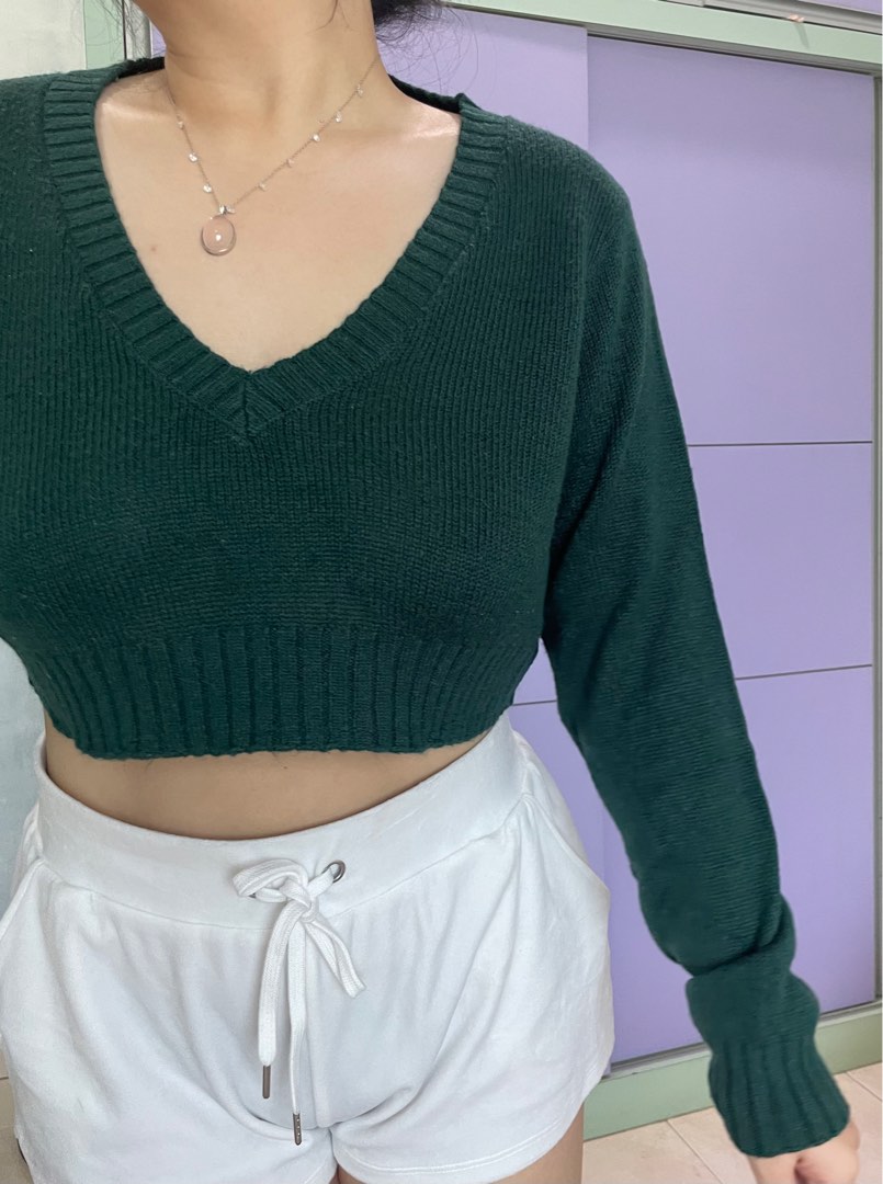 Hu0026M forest green crop knit sweater, Women's Fashion, Tops, Longsleeves on  Carousell