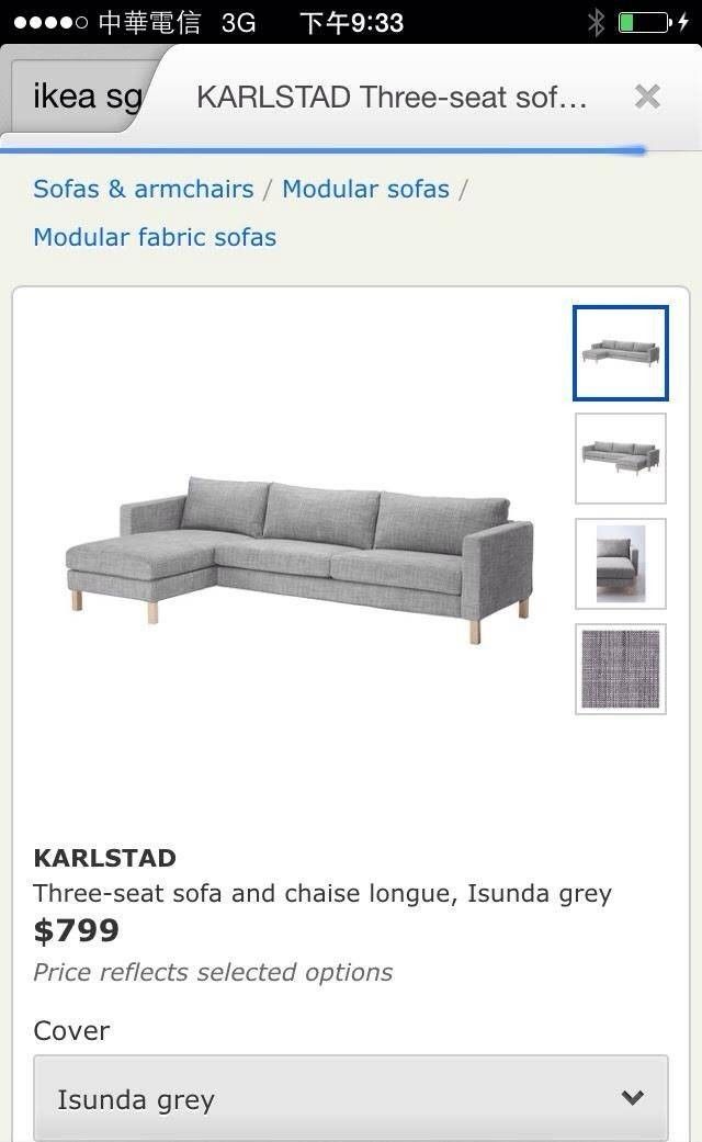 IKEA karlstad grey three seat sofa and chaise lounge L sofa, Furniture