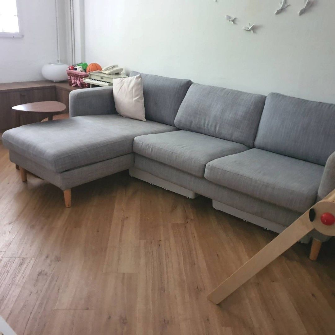 IKEA karlstad grey three seat sofa and chaise lounge L sofa, Furniture