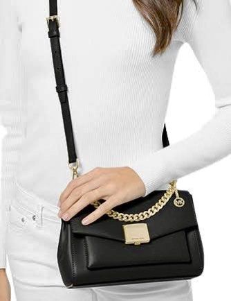 🌞MICHAEL KORS LITA MEDIUM BLACK LEATHER GOLD CHAIN CROSSBODY SATCHEL  BAG🌺NWT!