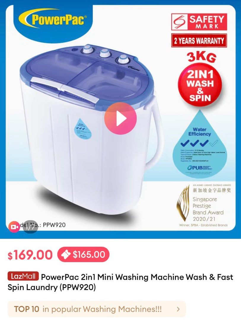 PowerPac 2in1 Mini Washing Machine Wash and Spin, TV & Home Appliances
