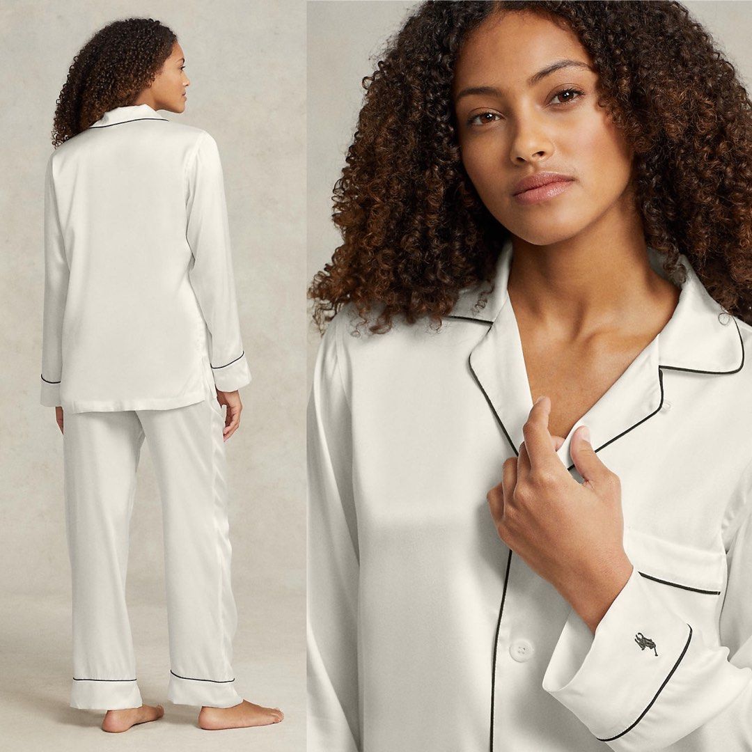 Ralph Lauren Long Sleeve Stretch Silk Pyjamas Set in White Stripe