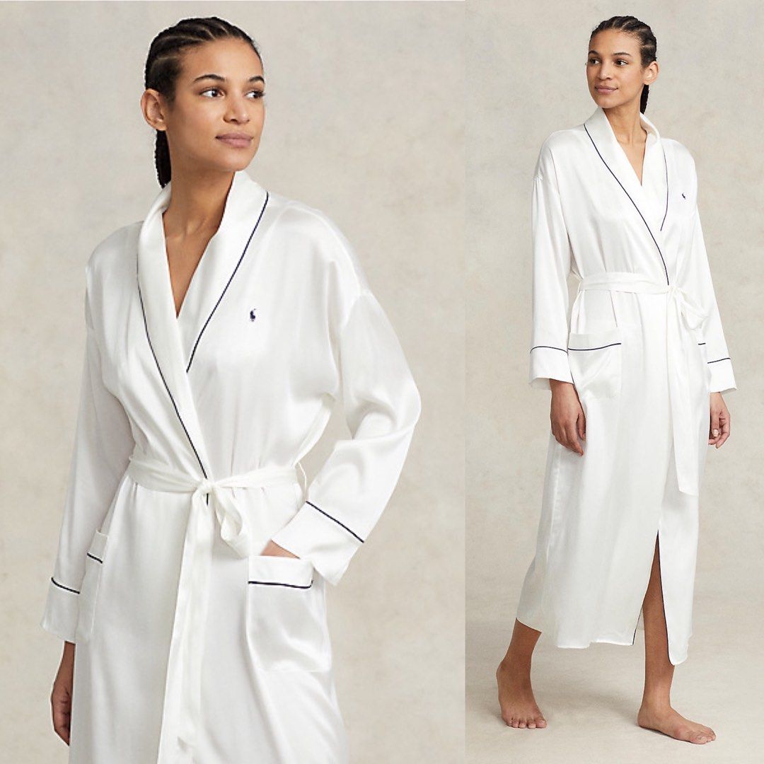 Ralph Lauren Stretch Silk Bath Robe in White Navy